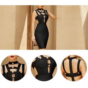 Women Hollow Out Bodycon Halter Sleeveless Buttons Bandage Dress