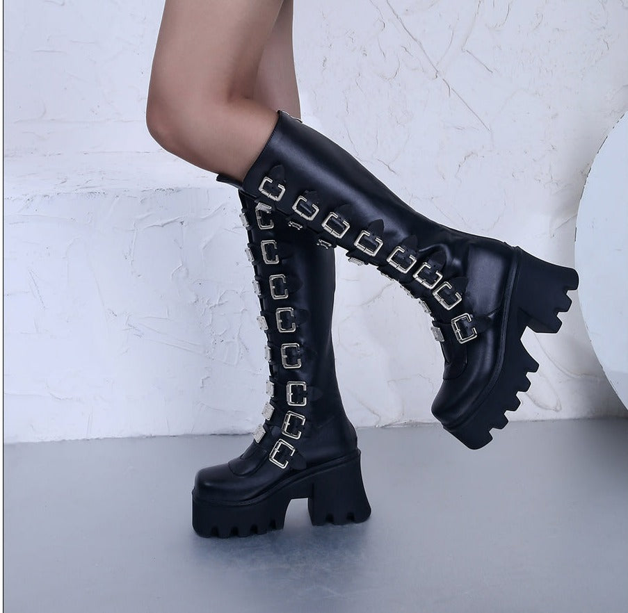 Women Handmade Metal Buckle Platform Knee High Boots Punk Shoes