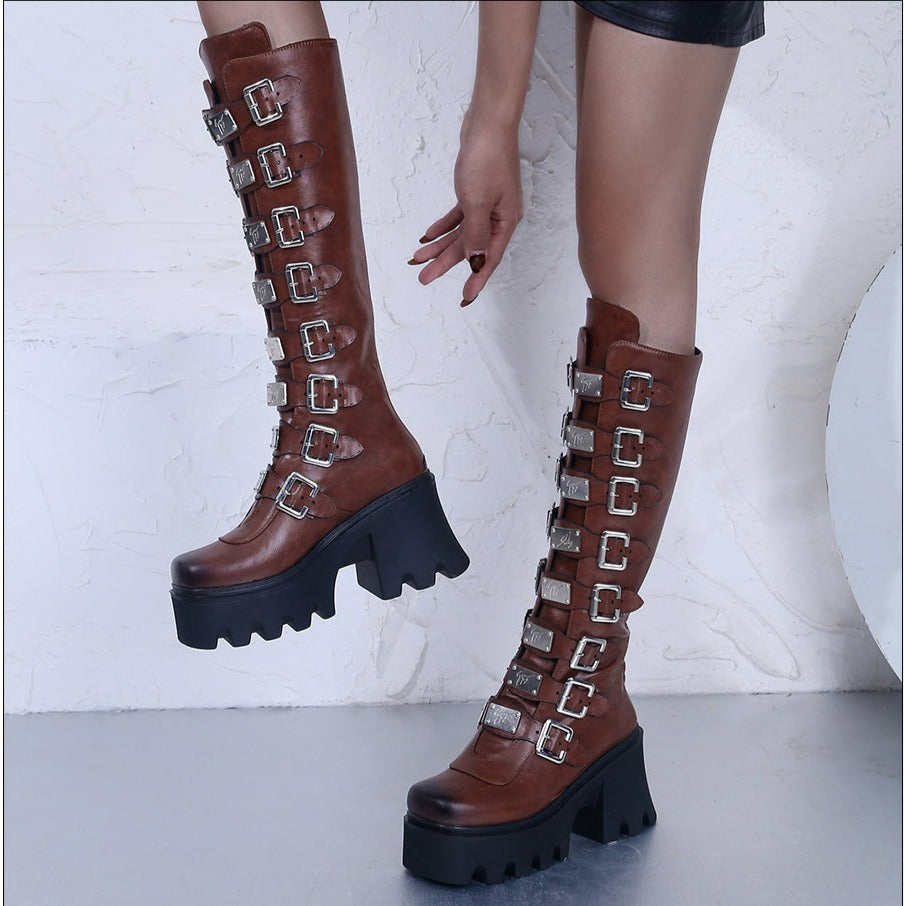 Women Handmade Metal Buckle Platform Knee High Boots Punk Shoes