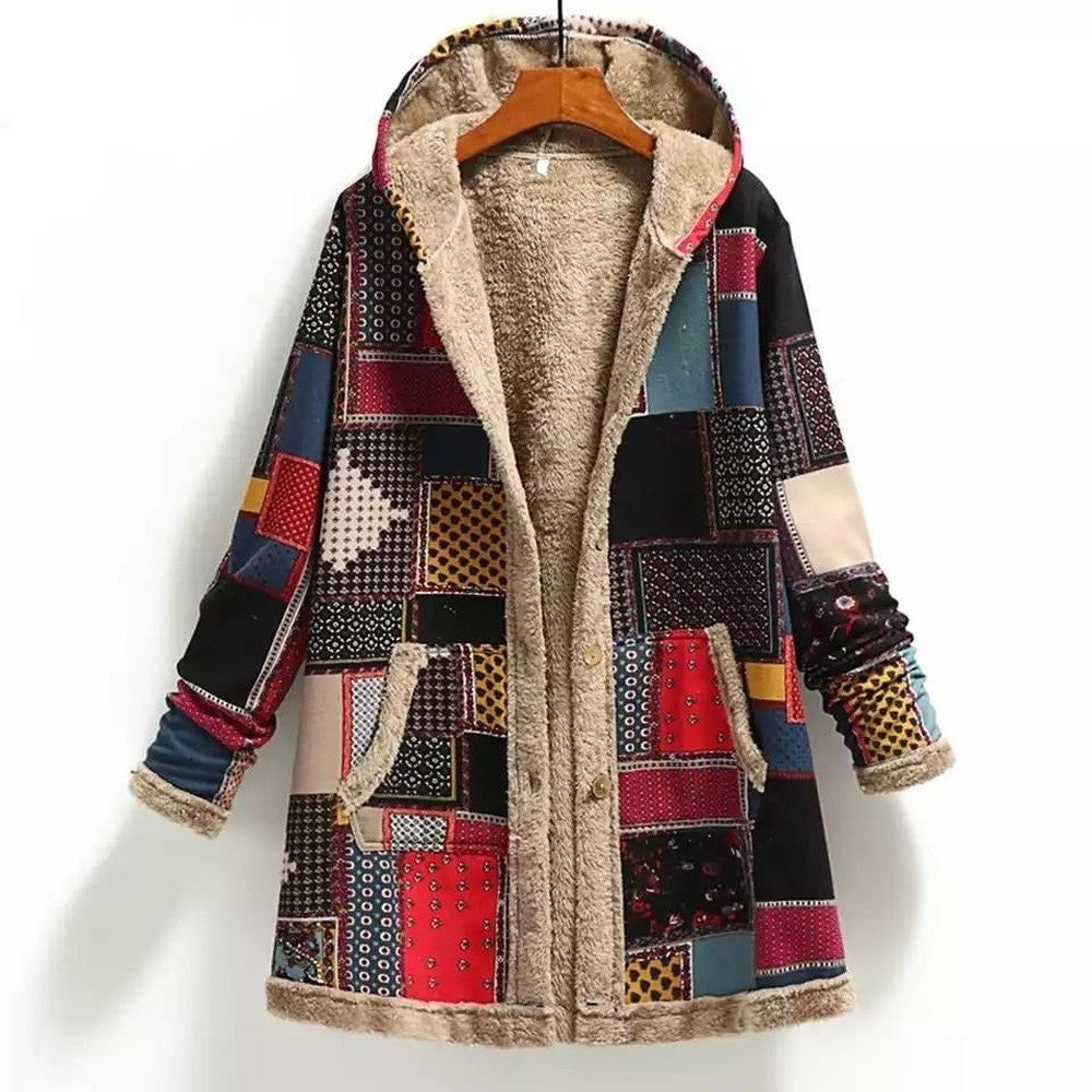 Women Printing Thick Fleece Hooded Loose Jacket