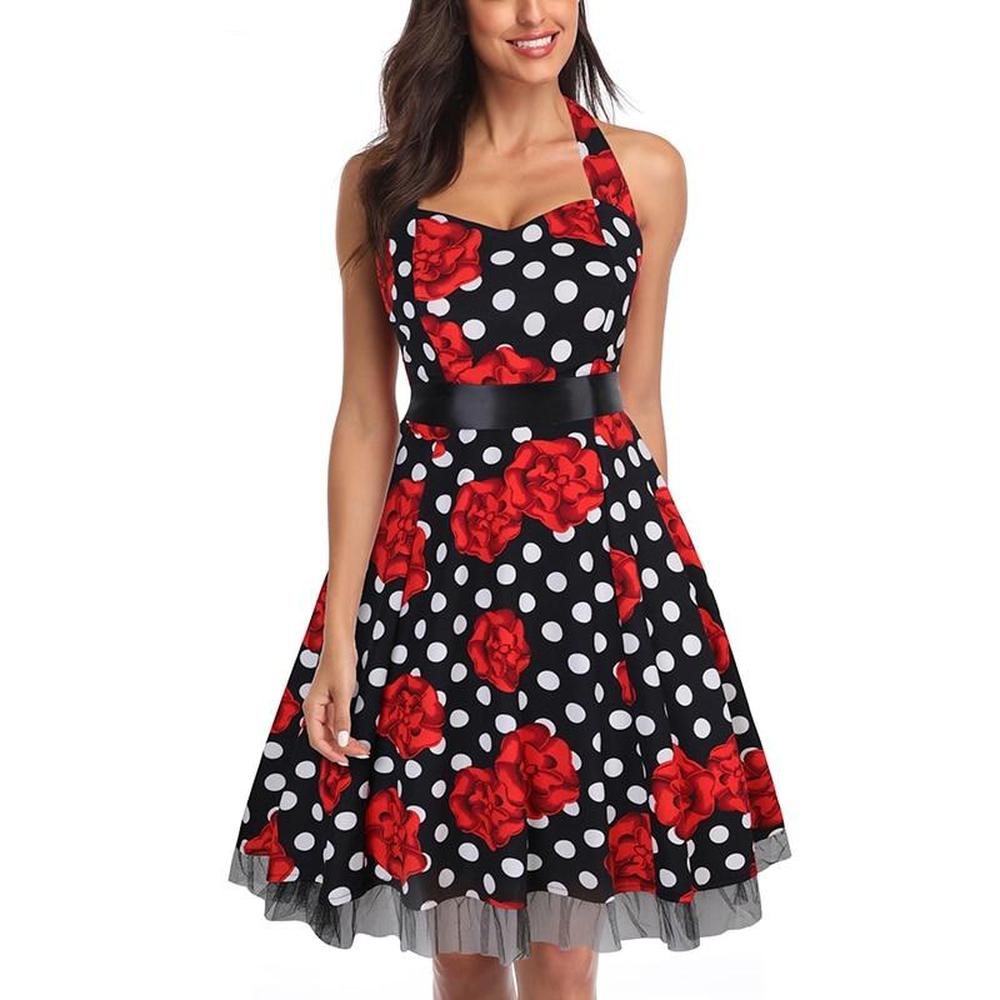Women Vintage Halter Polka Dot Floral Retro Rockabilly Cocktail Swing Lace Tea Dresses