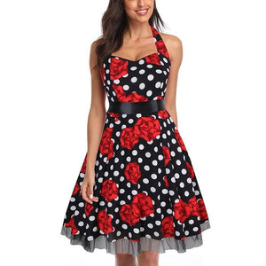 Women Vintage Halter Polka Dot Floral Retro Rockabilly Cocktail Swing Lace Tea Dresses