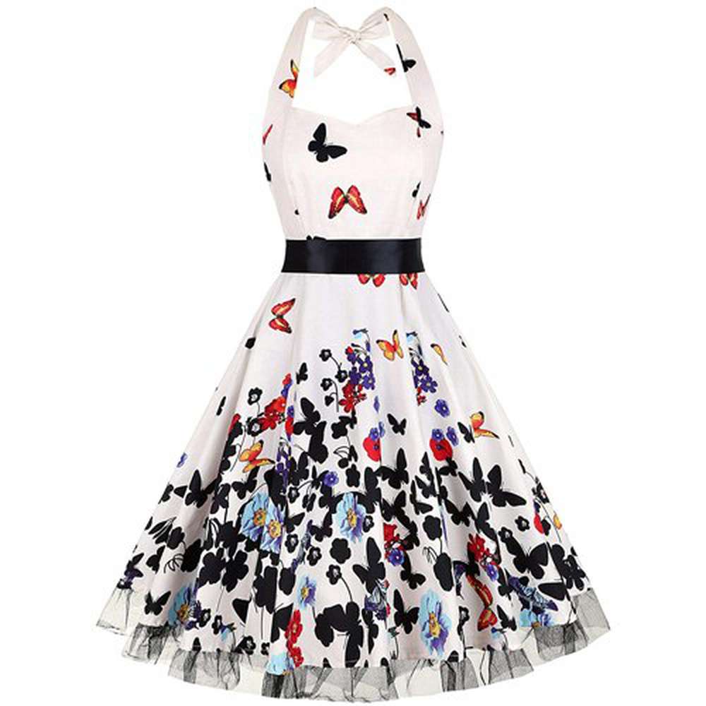 Women Vintage Halter Polka Dot Floral Retro Rockabilly Cocktail Swing Lace Tea Dresses
