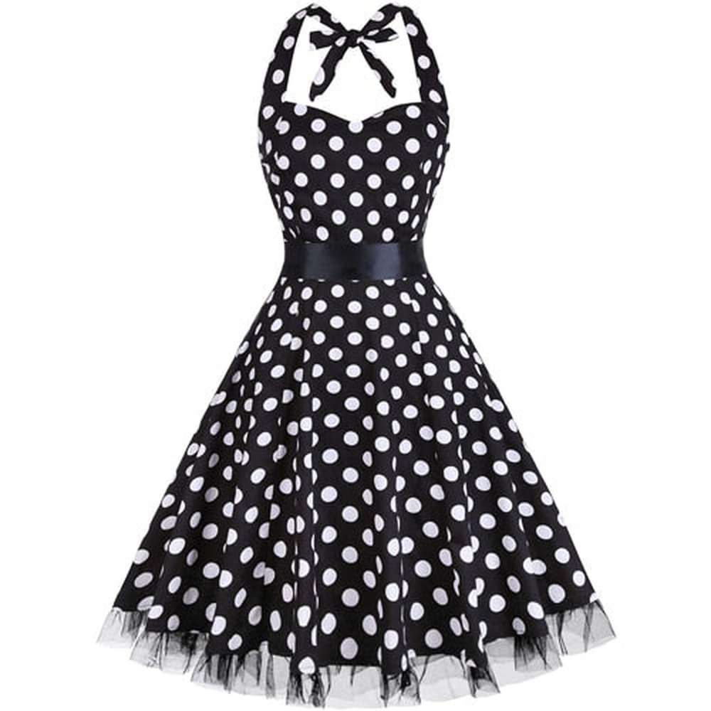 Women Vintage Halter Polka Dot Floral Retro Rockabilly Cocktail Swing Lace Tea Dresses