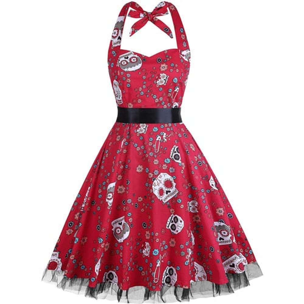 Women Vintage Halter Polka Dot Floral Retro Rockabilly Cocktail Swing Lace Tea Dresses