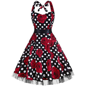 Women Vintage Halter Polka Dot Floral Retro Rockabilly Cocktail Swing Lace Tea Dresses