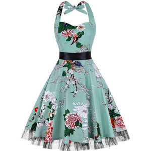Women Vintage Halter Polka Dot Floral Retro Rockabilly Cocktail Swing Lace Tea Dresses