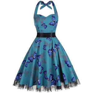 Women Vintage Halter Polka Dot Floral Retro Rockabilly Cocktail Swing Lace Tea Dresses