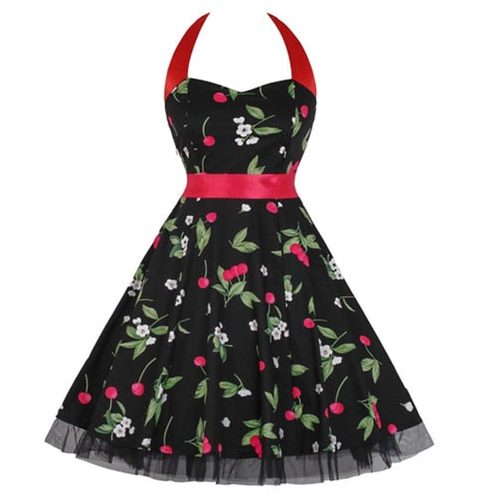Women Vintage Halter Polka Dot Floral Retro Rockabilly Cocktail Swing Lace Tea Dresses