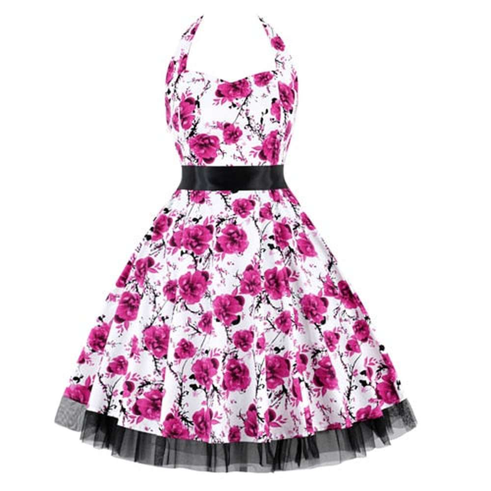 Women Vintage Halter Polka Dot Floral Retro Rockabilly Cocktail Swing Lace Tea Dresses