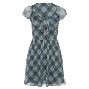 Women Lattice Pattern A-Line Short Sleeve Mini Dress