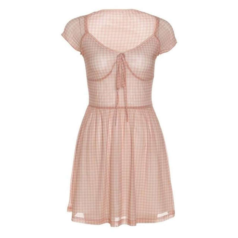 Women Lattice Pattern A-Line Short Sleeve Mini Dress