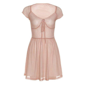 Women Lattice Pattern A-Line Short Sleeve Mini Dress