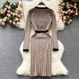 Women Buttons Retro Sweater Dress V-Neck Geometric Pattern Knitted Slim Sheath Bodycon Dress