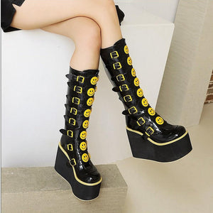 Women Yellow Smiley Face Gothic Buckle Strap Platform Wedges Heel Winter Punk Shoes