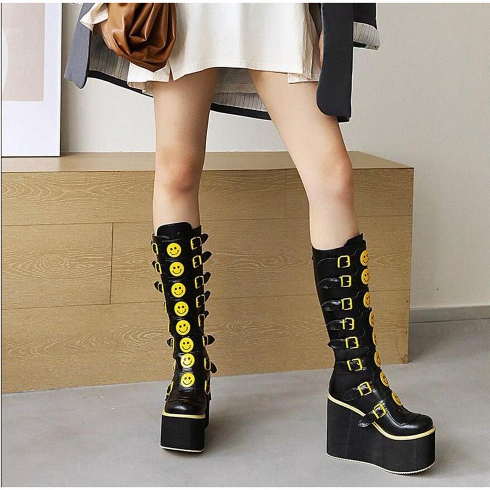 Women Yellow Smiley Face Gothic Buckle Strap Platform Wedges Heel Winter Punk Shoes