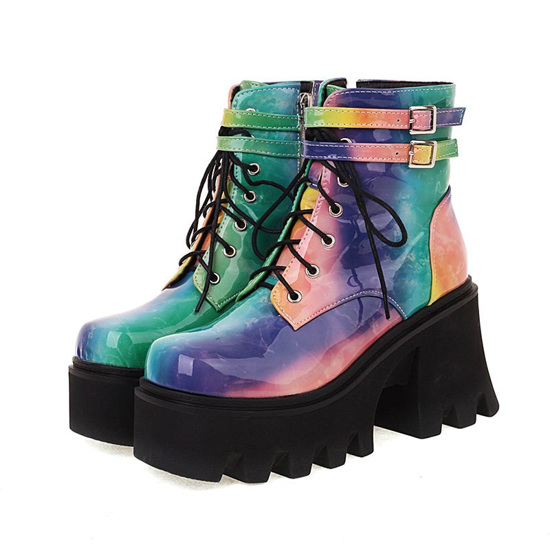 Women Colourful Handmade Motorcycle Ankle Boots Platform Chunky Heels