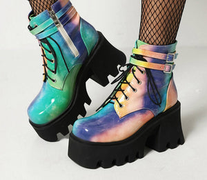 Women Colourful Handmade Motorcycle Ankle Boots Platform Chunky Heels