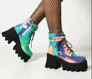 Women Colourful Handmade Motorcycle Ankle Boots Platform Chunky Heels