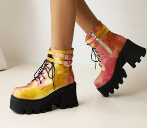 Women Colourful Handmade Motorcycle Ankle Boots Platform Chunky Heels