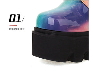 Women Colourful Handmade Motorcycle Ankle Boots Platform Chunky Heels