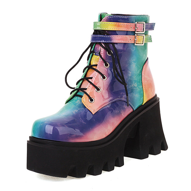 Women Colourful Handmade Motorcycle Ankle Boots Platform Chunky Heels