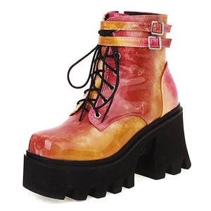 Women Colourful Handmade Motorcycle Ankle Boots Platform Chunky Heels