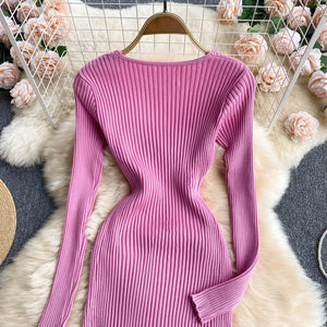 Women Office Elegant V-neck Cross Slim Waist Knitted Sweater Dress