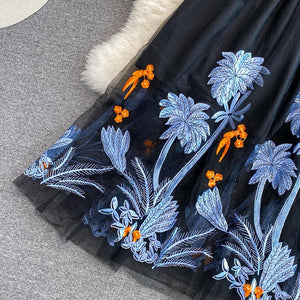 Women Blue Knit Tops Embroidery A-line Midi Skirt 2 Piece Sets
