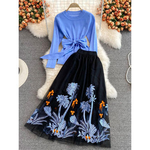 Women Blue Knit Tops Embroidery A-line Midi Skirt 2 Piece Sets