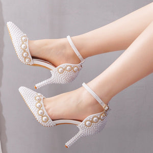 Women White Pearl Diamond Wedding High Heels Shoes