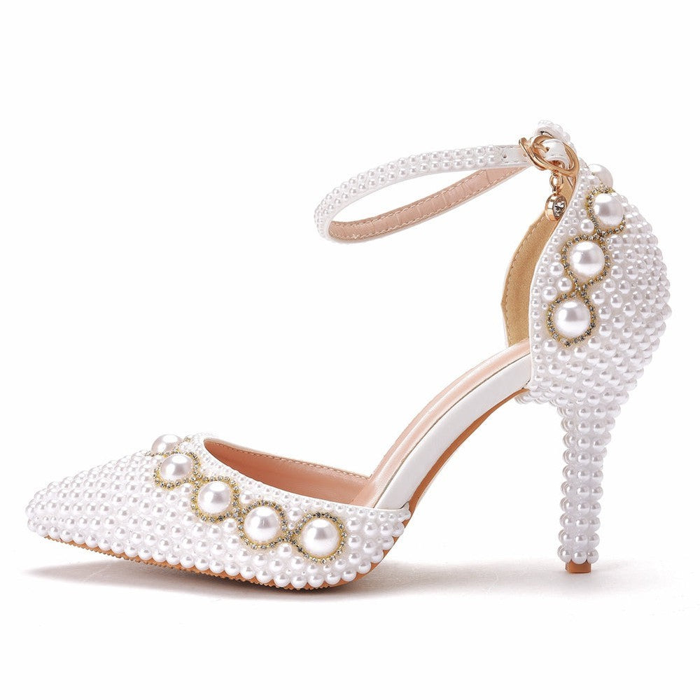 Women White Pearl Diamond Wedding High Heels Shoes