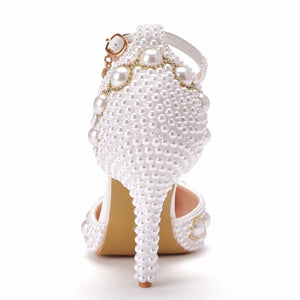 Women White Pearl Diamond Wedding High Heels Shoes