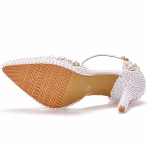 Women White Pearl Diamond Wedding High Heels Shoes
