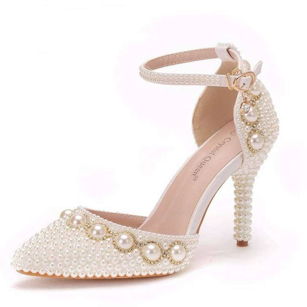 Women White Pearl Diamond Wedding High Heels Shoes
