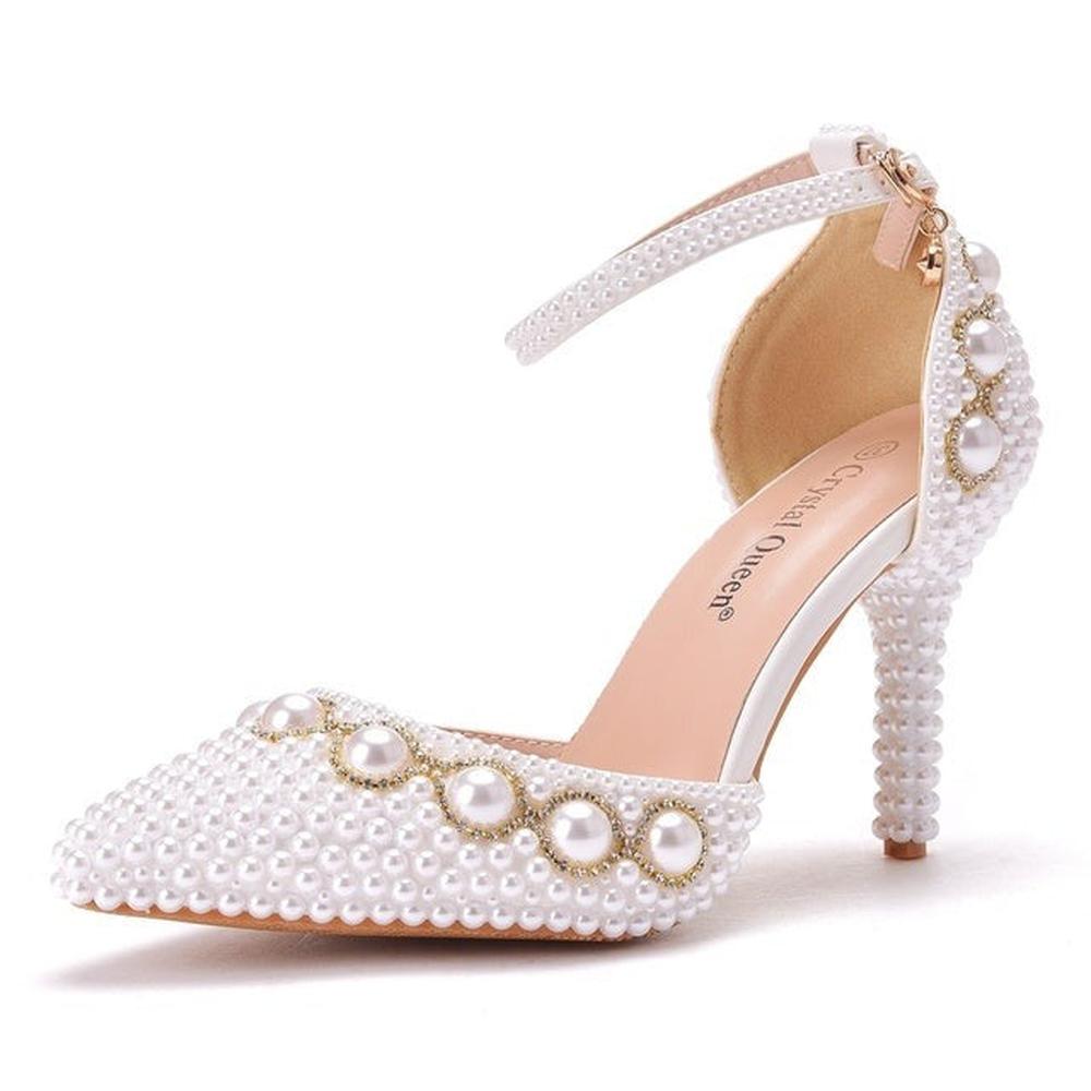 Women White Pearl Diamond Wedding High Heels Shoes