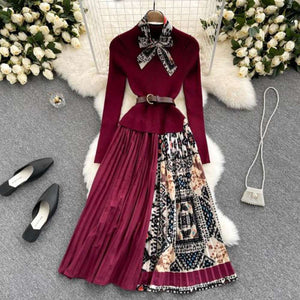 Women Runway Vintage Elastic Knitted Dress Patchwork Pleated Belted Midi Dress