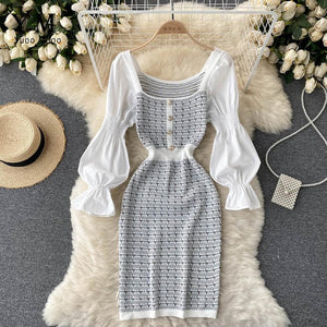Women Elegant Puff Sleeve White Black Knit Patchwork Party Dress