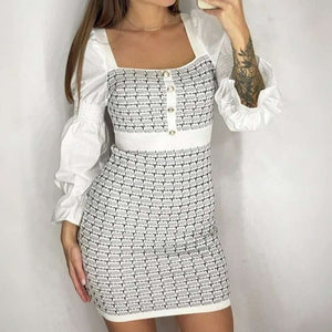 Women Elegant Puff Sleeve White Black Knit Patchwork Party Dress