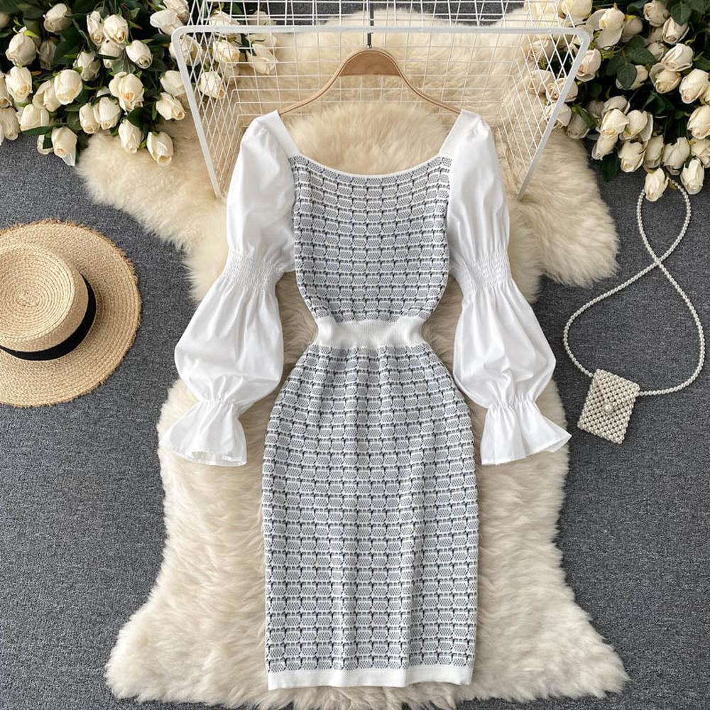 Women Elegant Puff Sleeve White Black Knit Patchwork Party Dress