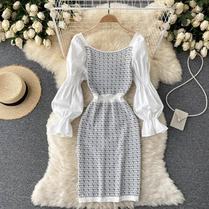 Women Elegant Puff Sleeve White Black Knit Patchwork Party Dress