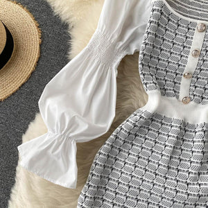 Women Elegant Puff Sleeve White Black Knit Patchwork Party Dress
