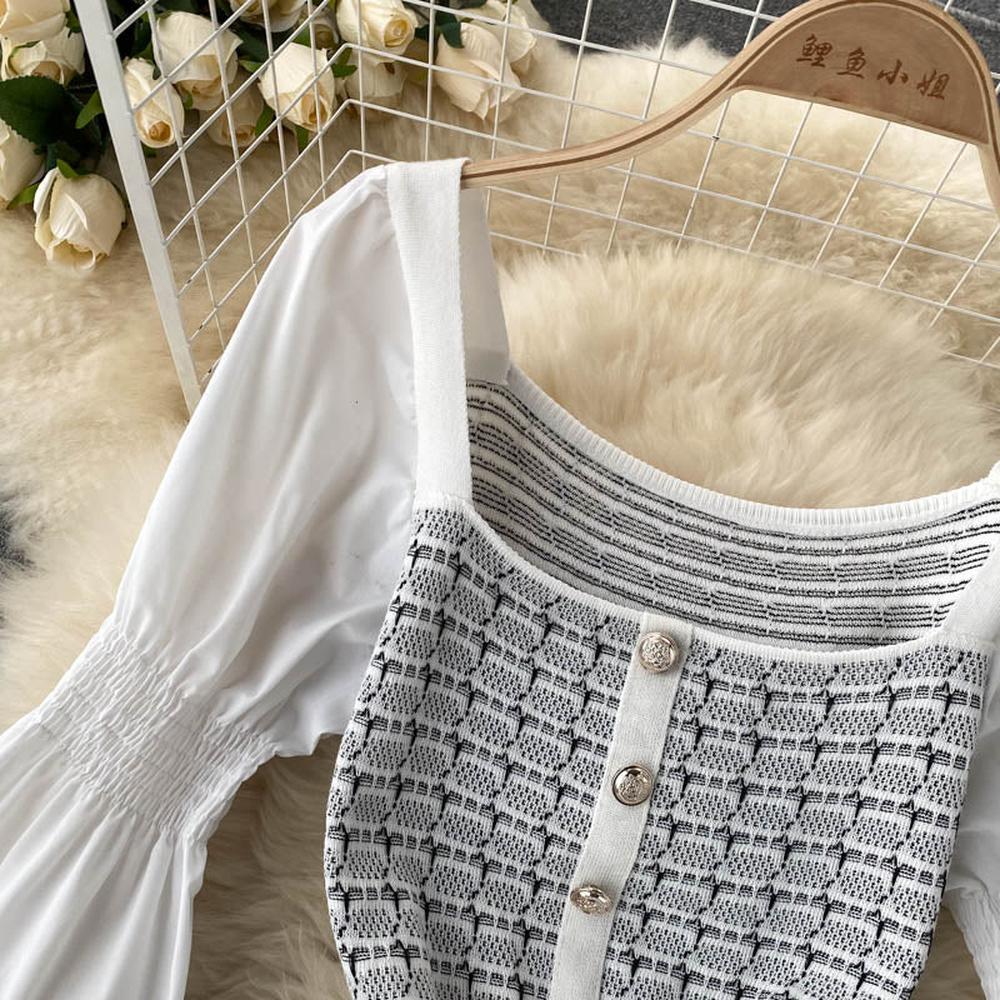 Women Elegant Puff Sleeve White Black Knit Patchwork Party Dress