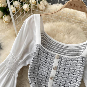 Women Elegant Puff Sleeve White Black Knit Patchwork Party Dress