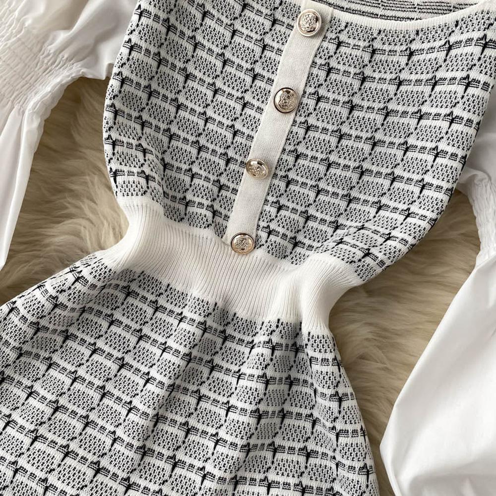 Women Elegant Puff Sleeve White Black Knit Patchwork Party Dress