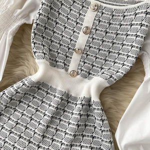 Women Elegant Puff Sleeve White Black Knit Patchwork Party Dress