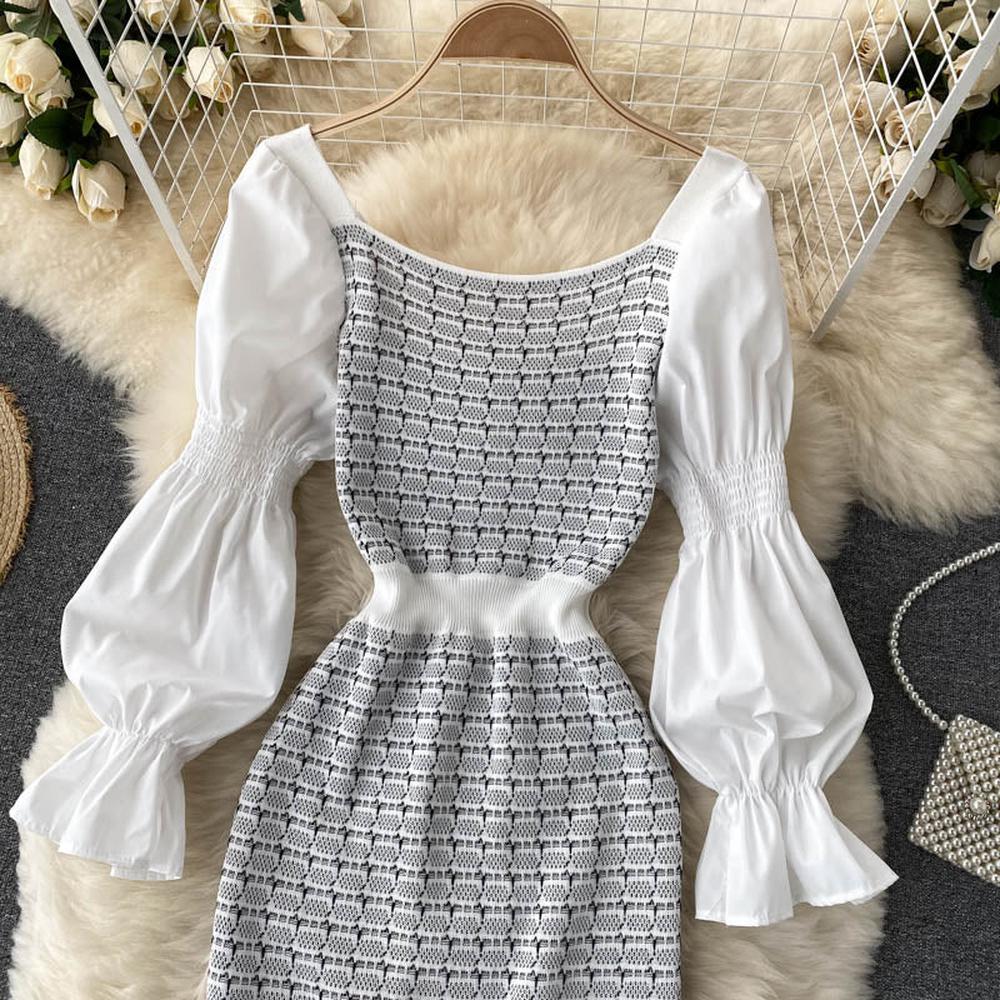 Women Elegant Puff Sleeve White Black Knit Patchwork Party Dress