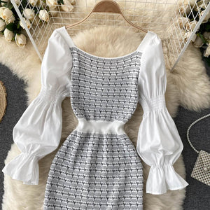Women Elegant Puff Sleeve White Black Knit Patchwork Party Dress