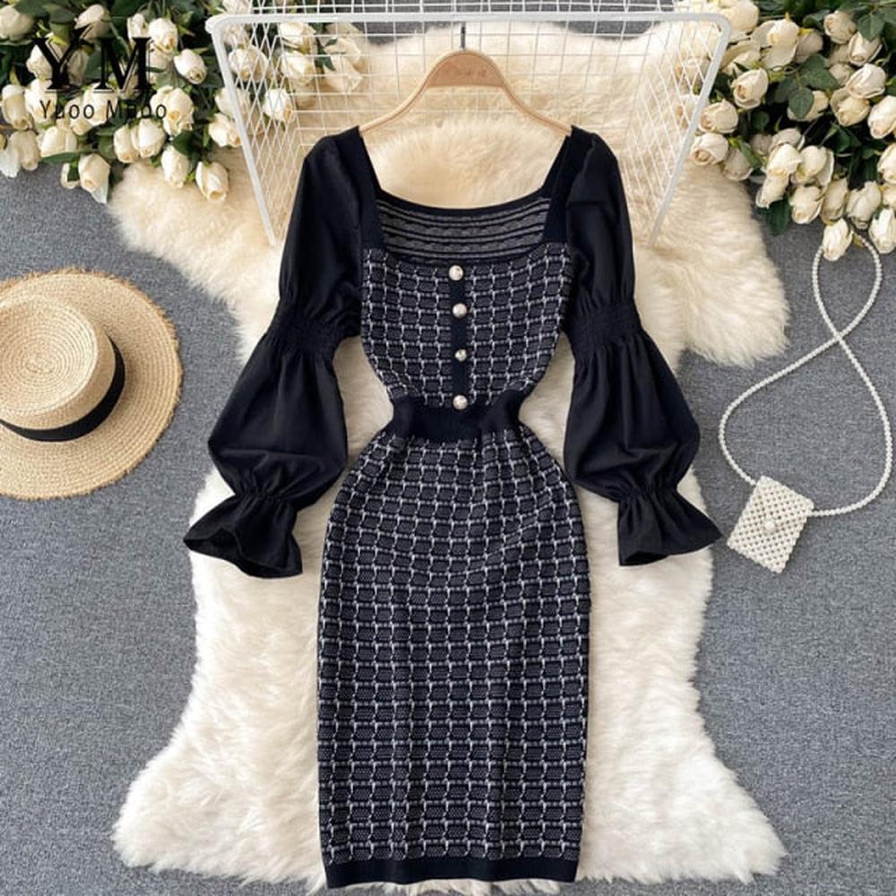 Women Elegant Puff Sleeve White Black Knit Patchwork Party Dress