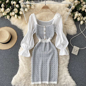 Women Elegant Puff Sleeve White Black Knit Patchwork Party Dress
